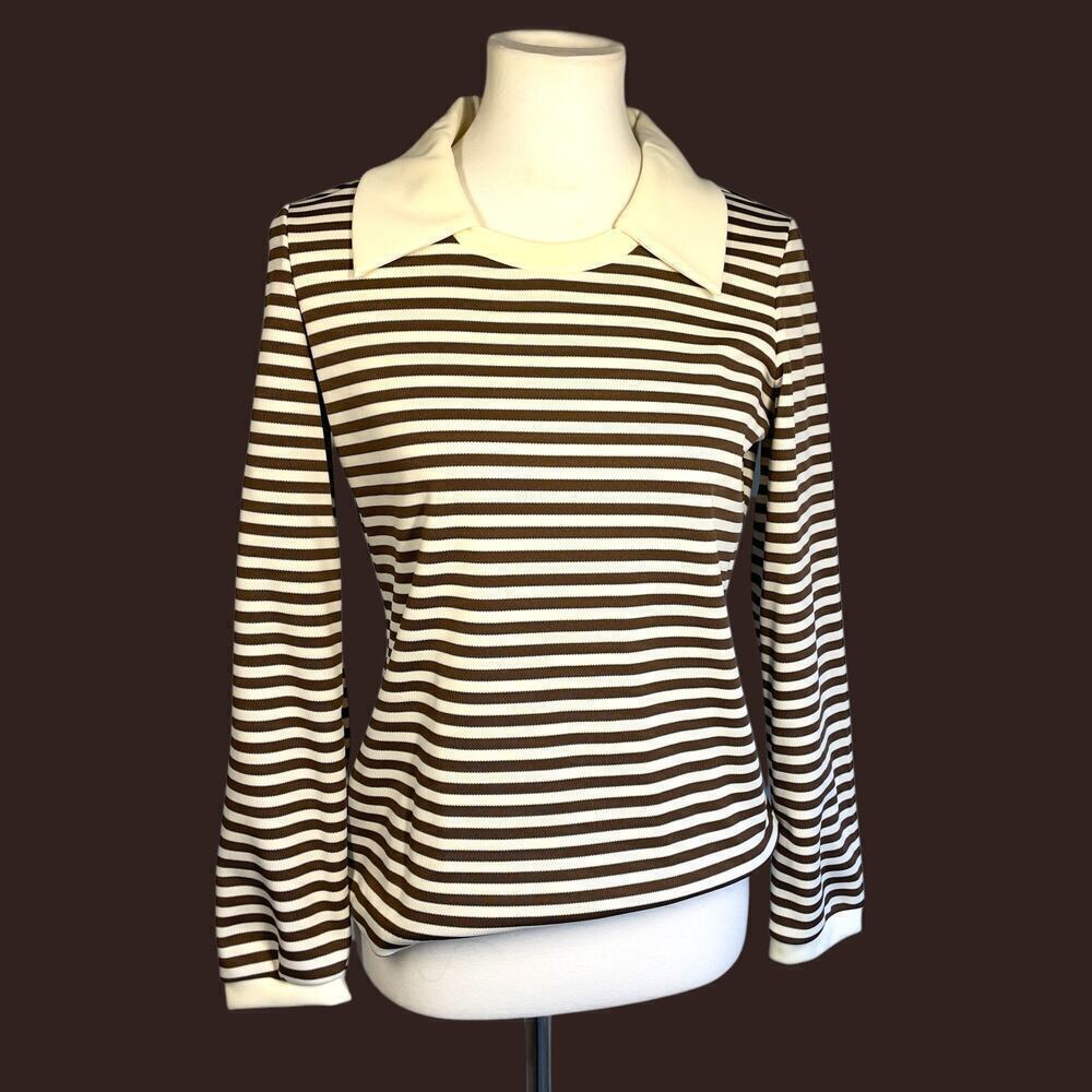 JCPenny Vintage Brown Striped Polo Top Medium - Picture 7 of 12